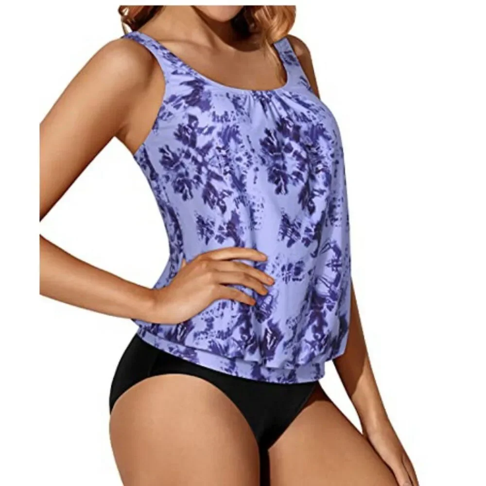 Yonique Women's Size Large Blue Loose Fit Modest Tankini Bathing Suit‎ Top